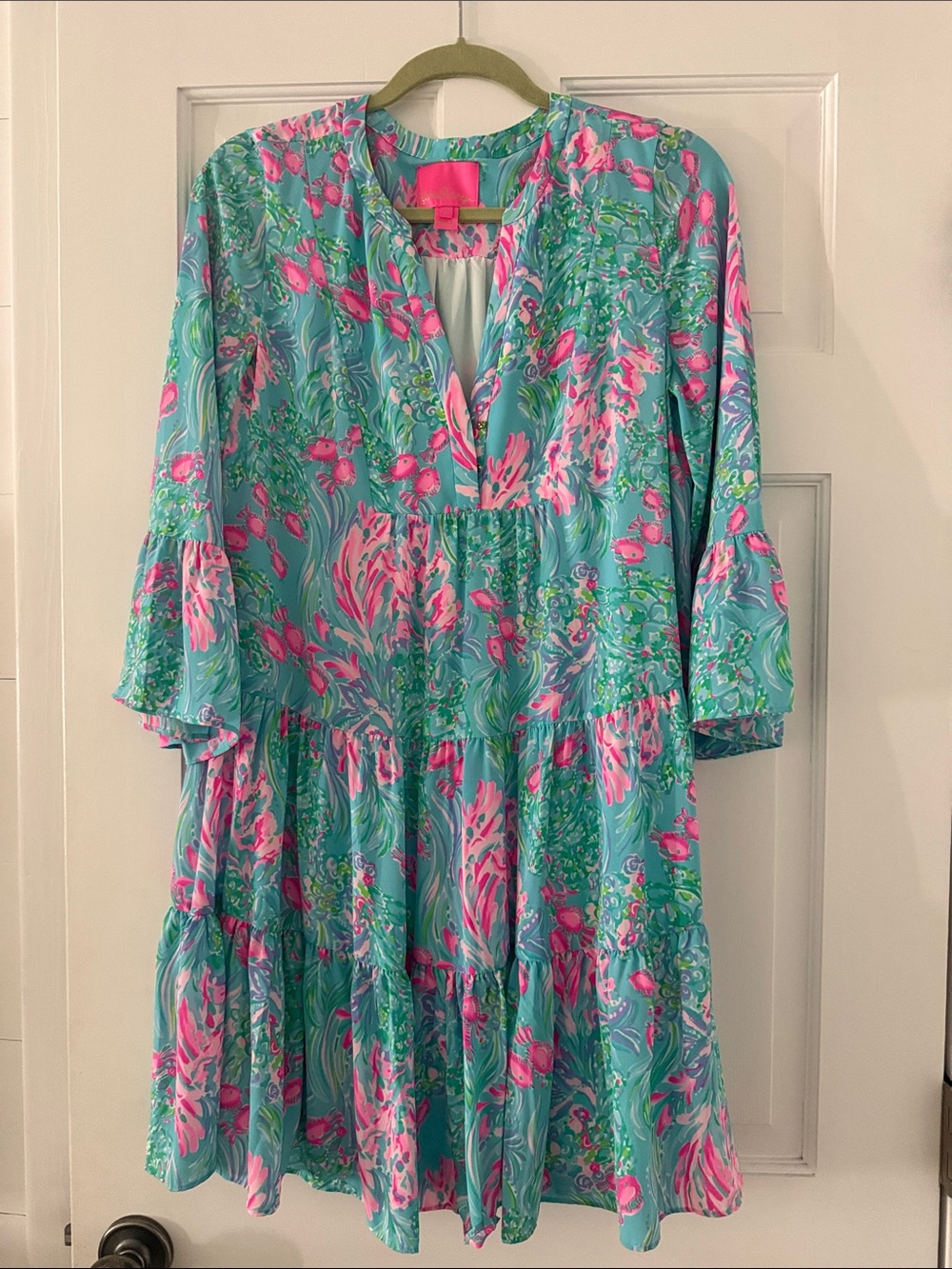 Lilly Pulitzer Aqua & Hot Pink Floral Tiered Casual Dress